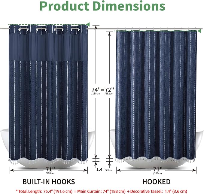 eachope Boho Farmhouse No Hook Shower Curtain with Liner,71x74,Navy Blue | Snap-in Liner,330GSM Thick Linen Textured Rustic Striped Design,Water-Repellent with Tassels and Sheer Window for Bathroom