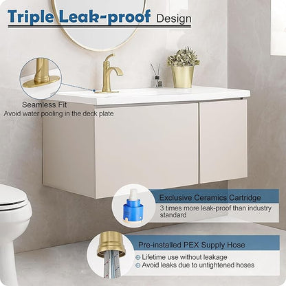 Brushed Gold Bathroom Faucet, Brass 1 Handle Bathroom Waterfall Sink Faucet 1 Hole or 3 Hole (4 Inch) with Pop Up Drain, Deck Plate, Extended 23.4 Inch Hoses for Farmhouse, Vanity, Restroom