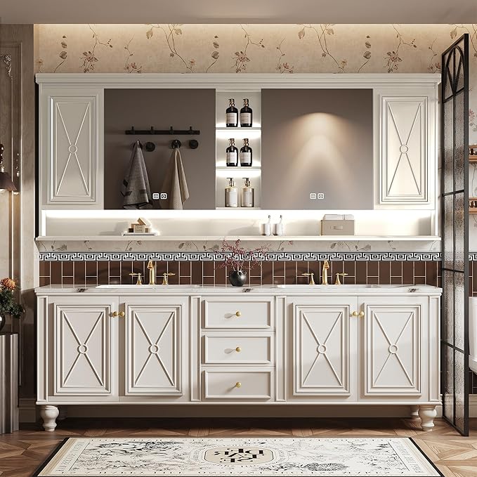 Double Sink Bathroom Vanity, Luxurious Bathroom Vanity with LED Smart Defog Mirror, Solid Freestanding Wood Vanity Sink Cabinet