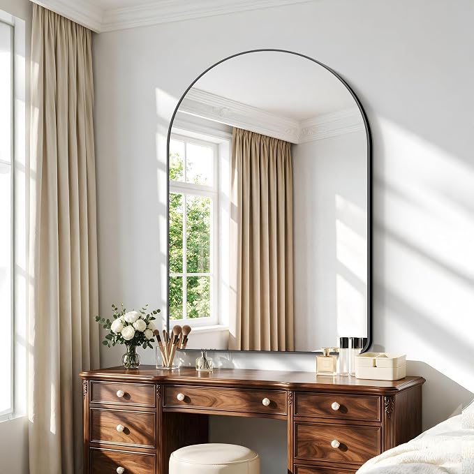 BONEWEI Arched Wall Mirror,55x40 inch Black Arched Mirror Bathroom,Large Vanity Mirror for Over Sink Metal Frame,Tempered Glass Arch Mirrors for Bedroom,Entryway,Living Room,Home Decor Shatter-Proof
