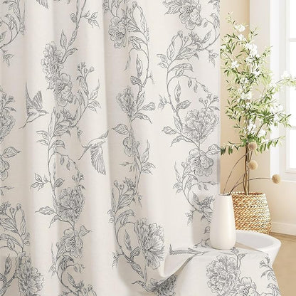 MitoVilla Long Grey Cotton Shower Curtain for Bathroom,72 x 78 | Long BoHo Cottagecore Hummingbird Spring Shower Curtains, Modern Farmhouse Country Floral Bathroom Décor, 72 x 78
