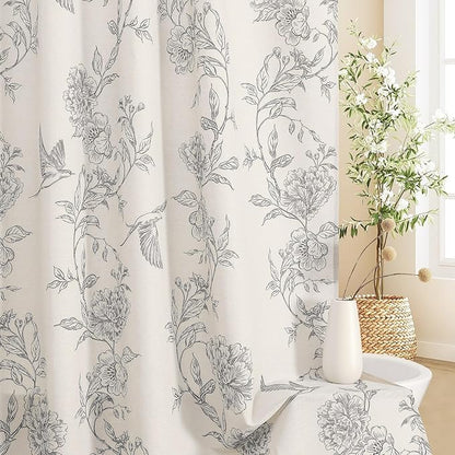 MitoVilla Grey Cotton Boho Hummingbird Shower Curtains, 72 x 72 | Grey Cottagecore Spring Shower Curtain for Bathroom, Modern Farmhouse French Country Bathroom Décor, 72x 72