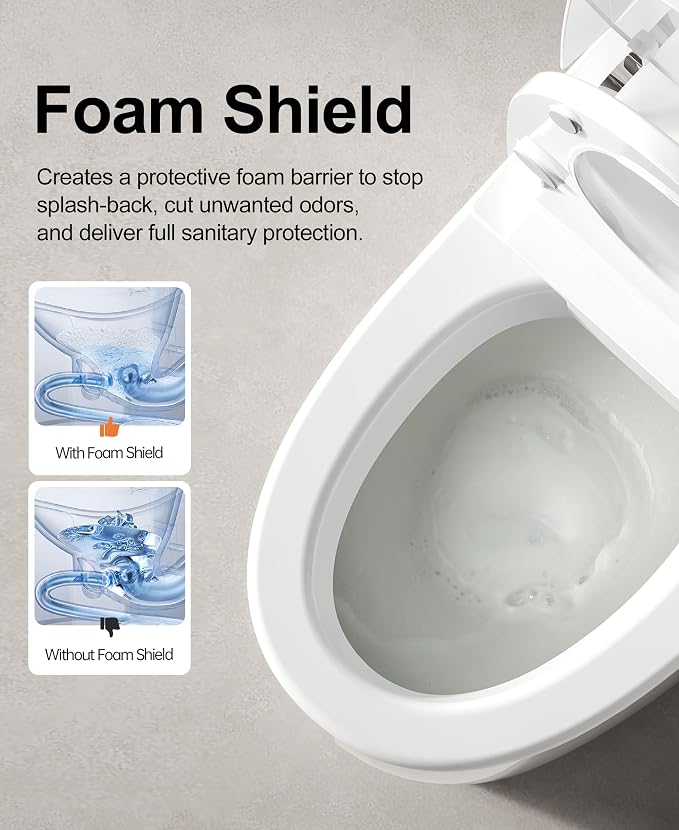 Smart Toilet with Bidet Built In, Auto Flush, ADA Comfort Height | Built-in tank supports 1000g MaP and outage flushing; Foam Shield, auto lid, heated seat, instant warm wash/dry add comfort.