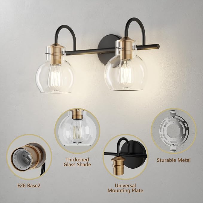 2 Light Bathroom Vanity Light, Black and Red Copper Bathroom Light Fixtures Over Mirror, Modern Copper Vanity Fixtures with Clear Glass Shade, Black Wall Sconce for Living Room