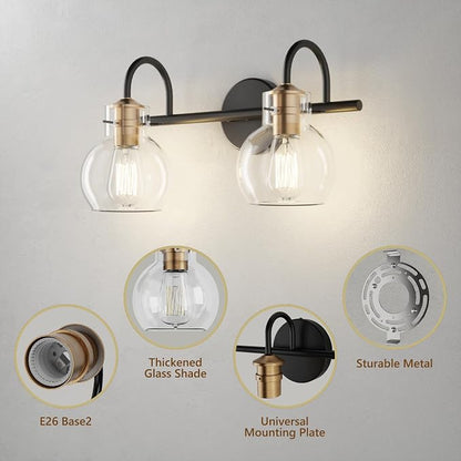 2 Light Bathroom Vanity Light, Black and Red Copper Bathroom Light Fixtures Over Mirror, Modern Copper Vanity Fixtures with Clear Glass Shade, Black Wall Sconce for Living Room