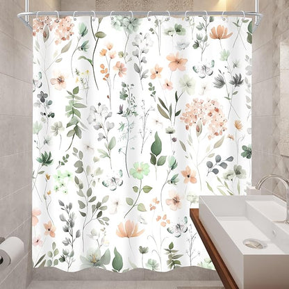 Cute Green Pink Floral Wildflower Watercolor Bathroom Shower Curtain Set | 60"W x 72"H Boho Butterfly; waterproof HD print, quick-dry fabric and plastic hooks for easy setup.