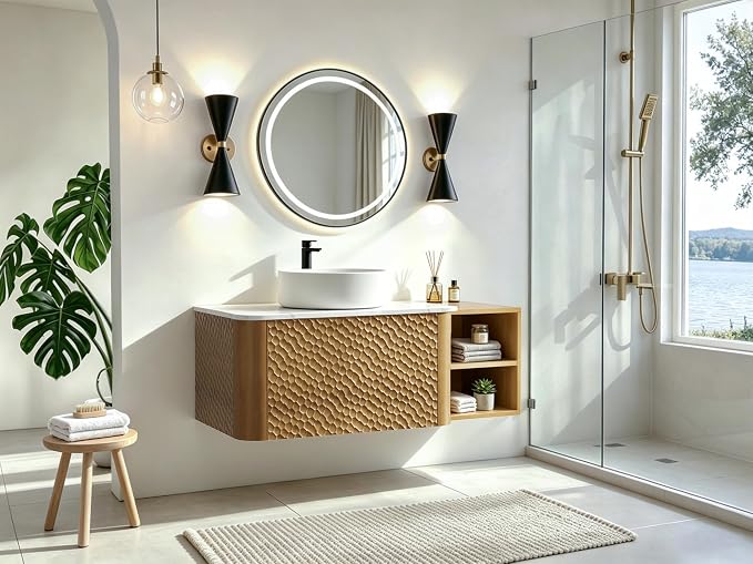 42 Inch Modern Bathroom Vanity with Ceramic Sink, Floating Bathroom Sink Cabinet with Sintered Stone Top&Solid Wood Hammered Frame, Single Bathroom Vanities w/Soft-Close Drawer&Side Open Cube