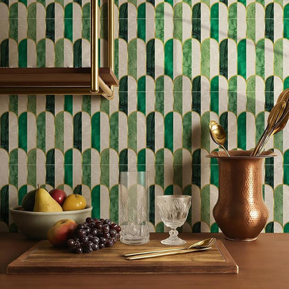 funlife Holographic Emerald Art Deco Peel and Stick Backsplash Self-Adhesive PVC Wall Tiles Easy DIY with Tools for Kitchen Bathroom and Laundry Room 5.9"x5.9"x50-Sheet Arch Mosaic