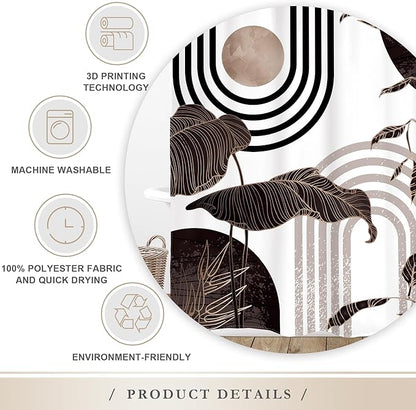 Glawry Black and Brown 60Wx72L Inches Shower Curtain Boho Mid Century Modern Minimalist Aethetic Black and Gray Palm Leaf Bath Accessories Art Home Decor Fabric 12 Pack Hook