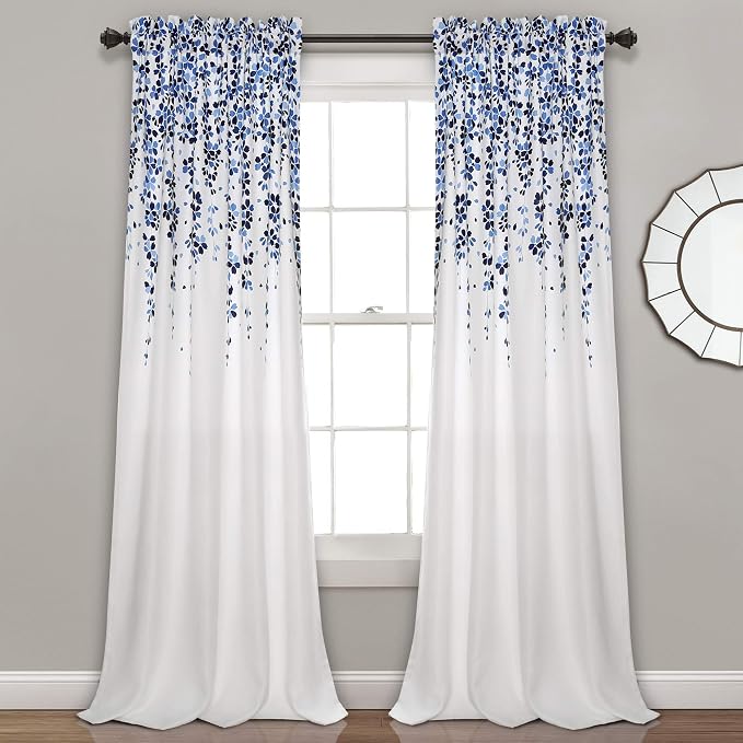 Lush Decor Weeping Flower Light Filtering Window Curtain Panels, Pair, 52"W x 84"L + 2" Header, Navy & Blue - Charming Modern Floral Curtains for Living Room, Dining Room, & Bedroom