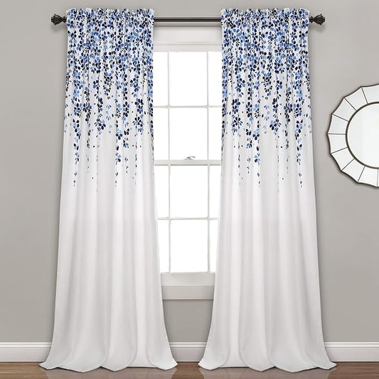 Lush Decor Weeping Flower Light Filtering Window Curtain Panels, Pair, 52"W x 84"L + 2" Header, Navy & Blue - Charming Modern Floral Curtains for Living Room, Dining Room, & Bedroom