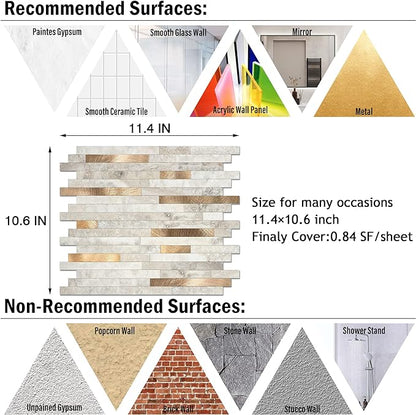 KASARO Peel and Stick Marble Tiles, Self-Adhesive Aluminum Wall Tile Stick on Bathroom, Fireplace, RV, Marble Beige with Vintage Golden Embellished Stripes, 10-Sheet