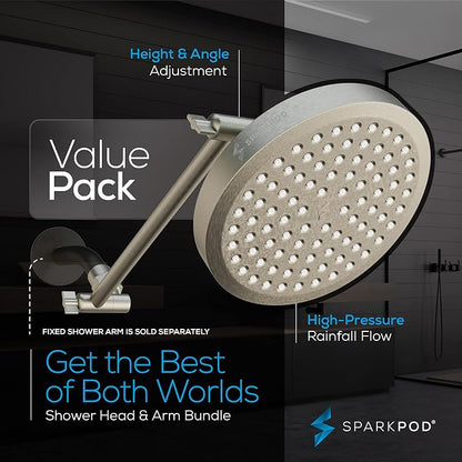 SparkPod 6" Round Rain Shower Head with 11" Shower Arm | Shower Head & Extension Arm Combo, Height Adjustable, High Pressure Performance, Easy 1-Minute Installation, Brushed Nickel