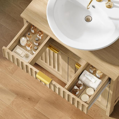 Pedestal Sink Storage Cabinet with 2 Doors and Drawer, Bathroom Sink Cabinet with U-Shape Cut-Out, Fluted Pedestal Sink Cabinet, Natural Oak