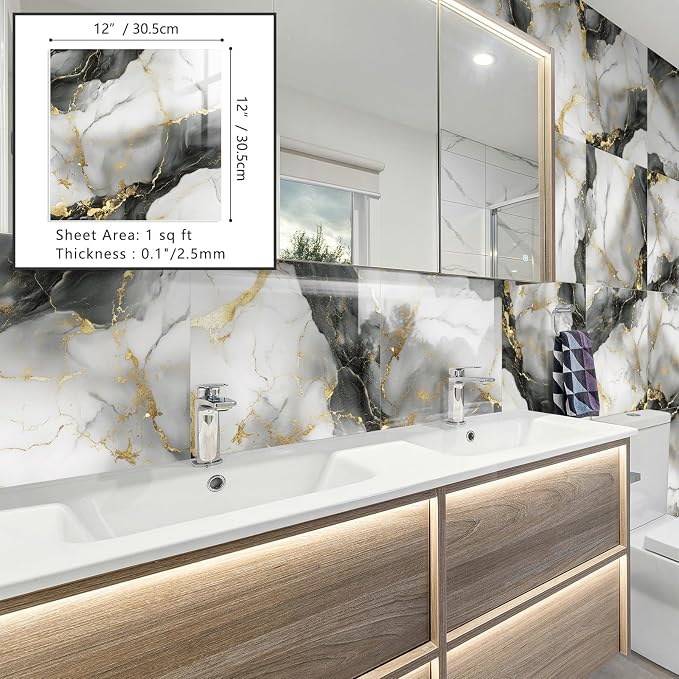10 Sheets Marble Peel and Stick Backsplash Tile, 12"x12" Waterproof PVC Self Adhesive Tile Shower Wall Panels for Bathroom, Kitchen, Living Room (Metallic Grey)