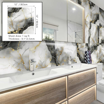 10 Sheets Marble Peel and Stick Backsplash Tile, 12"x12" Waterproof PVC Self Adhesive Tile Shower Wall Panels for Bathroom, Kitchen, Living Room (Metallic Grey)