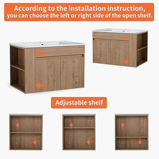 Henf 30inch Brown Modern Wall Mounting Bathroom Vanity With Sink, 2 Soft Close Doors & Open Storage Shelf, Wood Bathroom Sink Vanity with Sink Combo Set