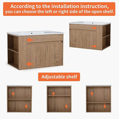 Henf 30inch Brown Modern Wall Mounting Bathroom Vanity With Sink, 2 Soft Close Doors & Open Storage Shelf, Wood Bathroom Sink Vanity with Sink Combo Set