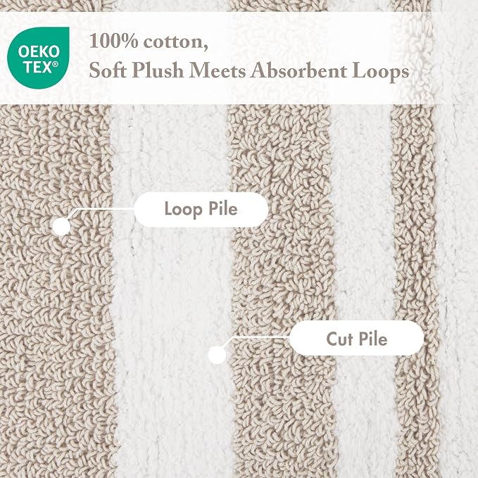 Madison Park Spa Cotton Bath Rug Non-Slip Absorbent, 27 x 45, Taupe | Quick Dry, Ultra Soft, Pile, Machine Washable, Striped Pattern, Plush, OEKO-TEX Certified