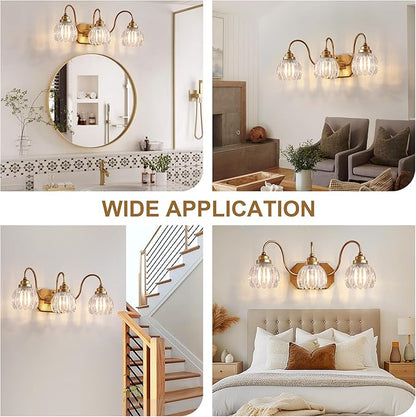 Gold Vanity Light, Vintage Bathroom Light Fixtures, 3-Light Matte Antique Brass Finish with Crystal Glass Shade, Mid Century Style Wall Sconces for Bedroom, Living Room
