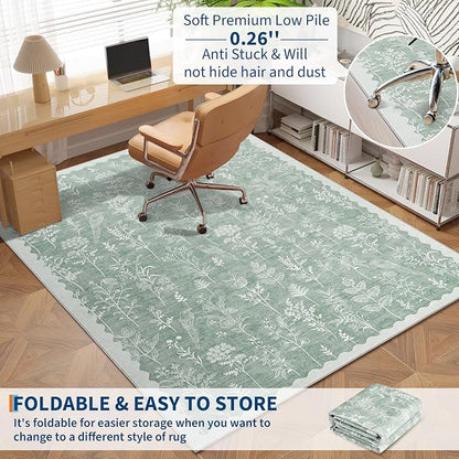 GarveeHome Washable 5x7 Rugs for Living Room Floral Scalloped Bedroom Area Rug, Non-Slip Dining Table Solid Neutral Throw Mat, Botanical Area Rug Carpet for Entry Basement Dorm Farmhouse, Green