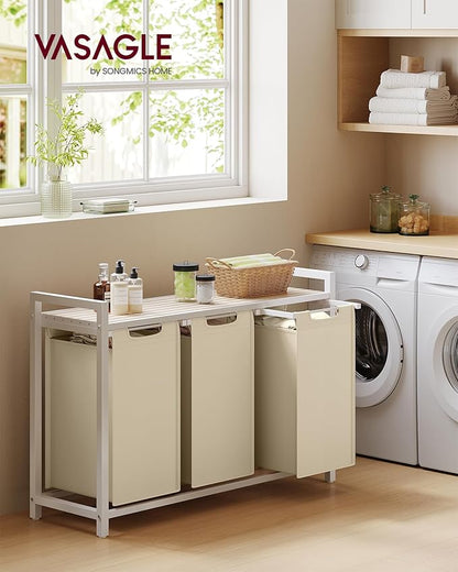 VASAGLE Laundry Hamper, Laundry Basket Sorter with 3 Pull-Out and Removable Bags, Shelf, Metal Frame, 3 x 10.6 Gallons (40 L), 36.4 x 13 x 28.4 Inches, Cappuccino Beige and Natural Beige UBLH301LH01