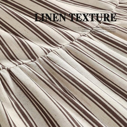 Farmhouse Shower Curtain Ruffle Linen Cream-Brown Stripe 72"W x 78"L | Farmhouse Boho, Striped, Bottom Ruffle, Linen Fabric, Rustic, Country, Natural Look, Washable, for Bathroom Bathtub