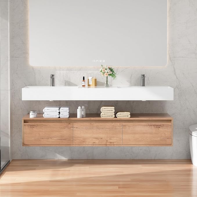 60 Inch Floating Bathroom Vanity with Double Sink, Modern Wall-Mounted Bathroom Cabinet with Resin Sink & Soft Close Drawer, Split-Level Layout (Nature Oak, 60" Double Sink)