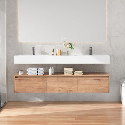 60 Inch Floating Bathroom Vanity with Double Sink, Modern Wall-Mounted Bathroom Cabinet with Resin Sink & Soft Close Drawer, Split-Level Layout (Nature Oak, 60" Double Sink)