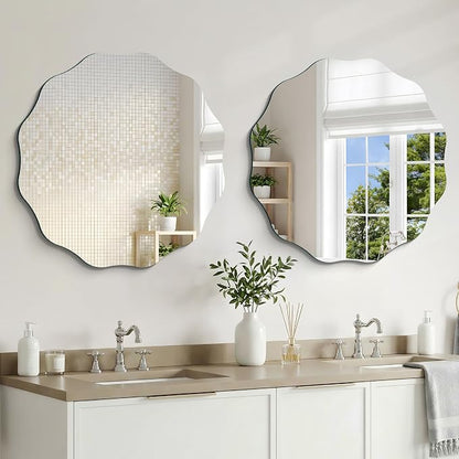 CILIBER Wavy Mirror for Wall, 28'' Scalloped Frameless Round Mirror, 3mm Tempered Glass Decorative Bathroom Vanity Mirror, Mounting/Leaning for Mantel, Living Room, Bedroom and Entryway
