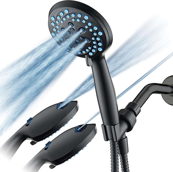 AquaCare New 8-mode High Pressure Handheld Shower Head w/ 2-way Power Wash | Stay Clean Nozzles, Dual Power Wash for Tub, Tile & Pets, Long 6 ft. Stainless Steel Hose, Wall & Overhead Brackets / Black