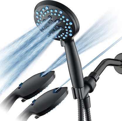 AquaCare New 8-mode High Pressure Handheld Shower Head w/ 2-way Power Wash | Stay Clean Nozzles, Dual Power Wash for Tub, Tile & Pets, Long 6 ft. Stainless Steel Hose, Wall & Overhead Brackets / Black