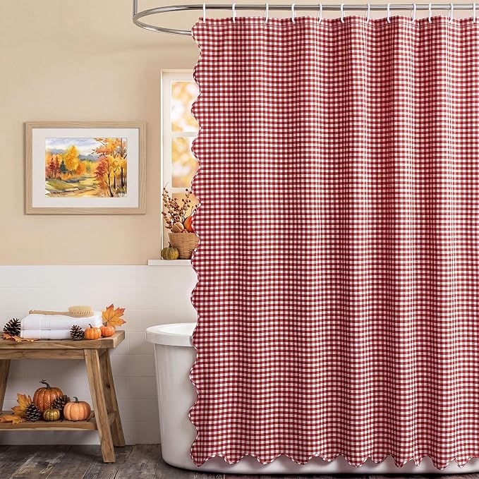 HunnmingRe Scalloped Gingham Shower Curtain Red | 72'' x 72'' Vintage Farmhouse Curtain, Cotton Cottage Core Rural Checkered Plaid Decor, Fall Shower Curtain for Bathroom