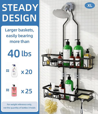 Shower Caddy Hanging Organizer, Extra Large Rack Over Showerhead with Hooks, Adjustable Height Shower Caddy for Big Shampoo Bottle, Black