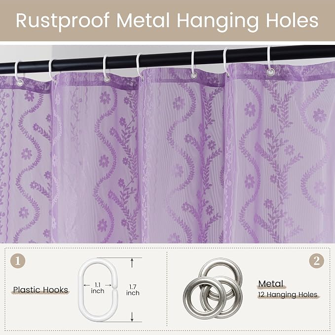 WAZZIO Purple Lace Shower Curtain for Bathroom 72" W x 84" L, Victorian Farmhouse Floral Pattern Tassel Fancy Shower Curtain Boho Washable Cloth Decorative Bath Curtains,1 Panel