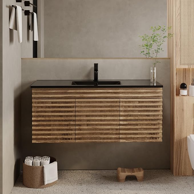 eclife 48" Floating Bathroom Vanity with Sink Combo, Mid-Century Wall Mounted Cabinet with Wood Stripes Decor, Drawers, Undermount Single Black Sink, Faucet, Drain, Light Walnut