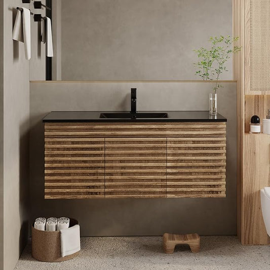 eclife 48" Floating Bathroom Vanity with Sink Combo, Mid-Century Wall Mounted Cabinet with Wood Stripes Decor, Drawers, Undermount Single Black Sink, Faucet, Drain, Light Walnut