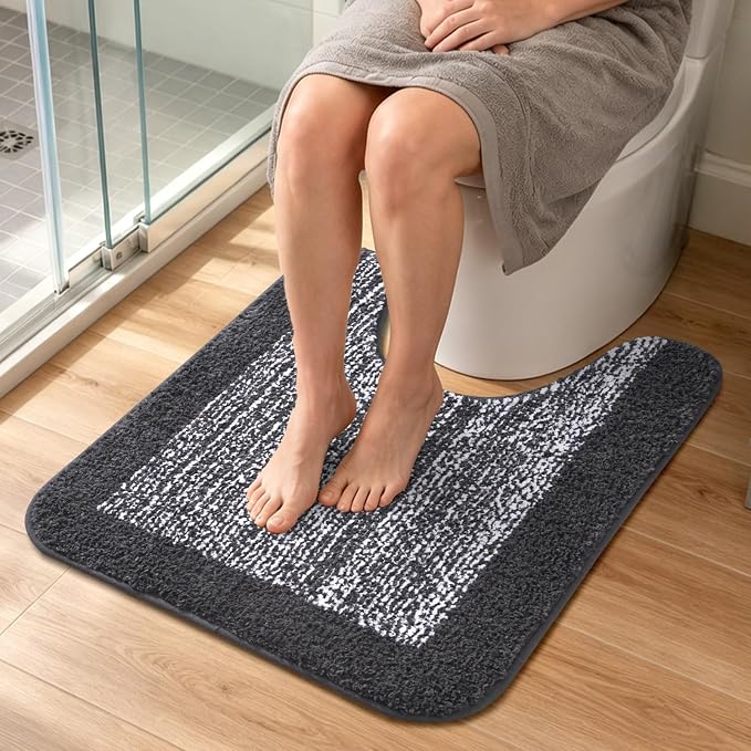 Toilet Rugs U-Shaped 24x19, Non-Slip Plush Shaggy Quick Dry Bathroom Contour Rugs, Extra Soft Absorbent Chenille Washable Bath Mat for Toilet Base, Dark Grey
