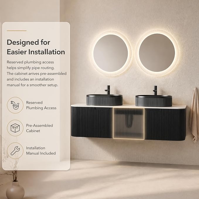 60 Inch Double Sink Bathroom Vanity, Floating Wall Mounted Cabinet, Black Curved Fluted Front, Stone Top, Dual Black Textured Oval Vessel Basins, Pre-Assembled
