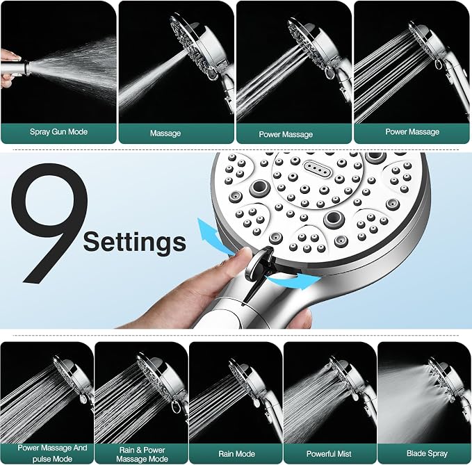 RV Shower Head with Hose ，High Pressure 9 Mode Shower head with on off switch, Filtered shower head, Shower Head for RV/Campers, Travel Trailer, Motorhome for Water Saving（Chrome）