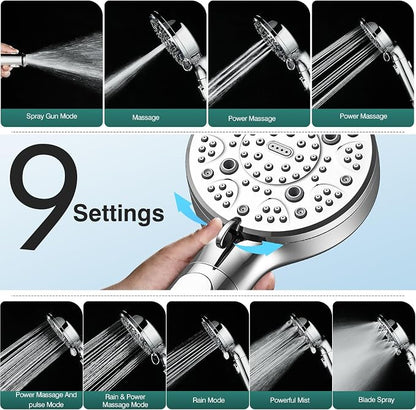 RV Shower Head with Hose ，High Pressure 9 Mode Shower head with on off switch, Filtered shower head, Shower Head for RV/Campers, Travel Trailer, Motorhome for Water Saving（Chrome）