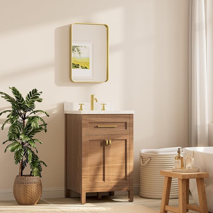 16 x 24 Inch Brushed Gold Frame Mirror, Brass Gold Bathroom Vanity Mirror for Wall, 2 Inch Thick Modern Round Corner Rectangle Framed Mirror (Horizontal/Vertical)