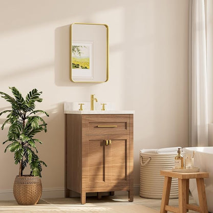 16 x 24 Inch Brushed Gold Frame Mirror, Brass Gold Bathroom Vanity Mirror for Wall, 2 Inch Thick Modern Round Corner Rectangle Framed Mirror (Horizontal/Vertical)