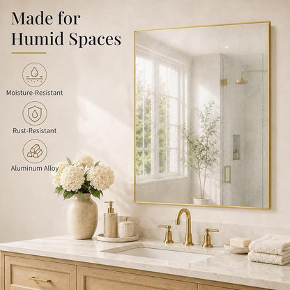 40"x30" Brushed Gold Framed Rectangle Bathroom Vanity Wall Mirror | Over-Sink Vanity Mirror, Slim Metal Frame, Entryway or Dresser Use, Vertical/Horizontal Mount, Tempered Glass
