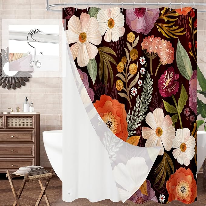 3 in 1 Boho Purple Shower Curtain Set with PEVA Liner & 12 Hooks, 72 x 72 | Boho Tropical Botanical Style, Farmhouse Floral Fabric, Modern Hotel Inspired, Water‑Repellent, Machine Washable