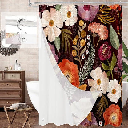 3 in 1 Boho Purple Shower Curtain Set with PEVA Liner & 12 Hooks, 72 x 72 | Boho Tropical Botanical Style, Farmhouse Floral Fabric, Modern Hotel Inspired, Water‑Repellent, Machine Washable