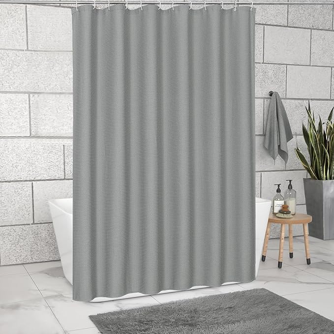 MitoVilla Grey Waffle Shower Curtain 72 x 78, Weighted Fabric Long Shower Curtain Set, Modern Farmhouse Shower Curtain for Bathroom Decor, Luxury Hotel Cloth Shower Curtains 78 inch Long