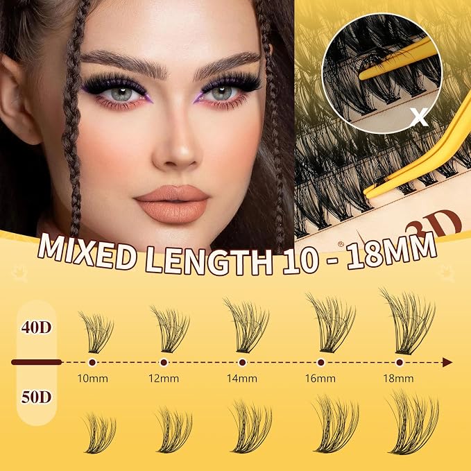 QUEWEL Lash Clusters Kit, 280Pcs 40D+50D 3D Lash Cluster Eyelash Extensions | 10-18mm Volume Individual Lashes with Lash Bond and Seal and Lash Tweezers Easy DIY at Home(40D+50D 3D Kit)