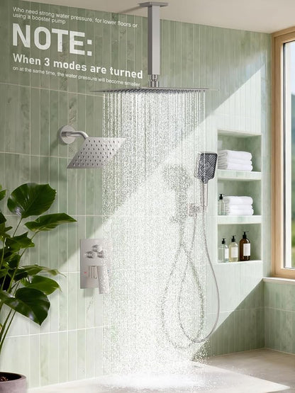 Woindo Shower Faucet Set, 10" Ceiling Mount Rainfall Shower System with 2 Rain Shower Head and Multi-function Handheld Head Push Button Diverter Shower Faucet Trim Kit