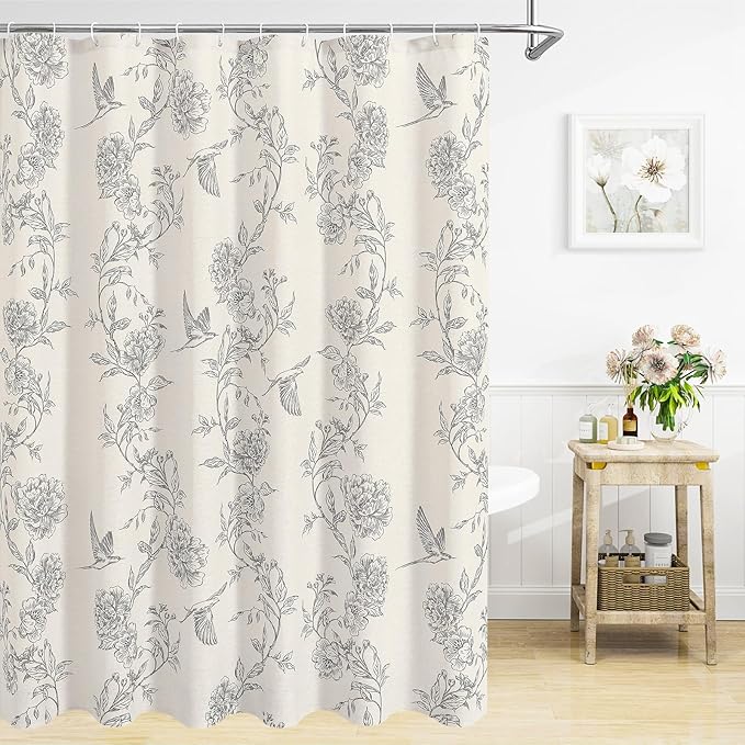 MitoVilla Grey Farmhouse Shower Curtain Set, Cotton Floral Hummingbird Cottagecore Spring Shower Curtains for Bathroom, Modern Country Bathroom Décor, 72" W x 72" L